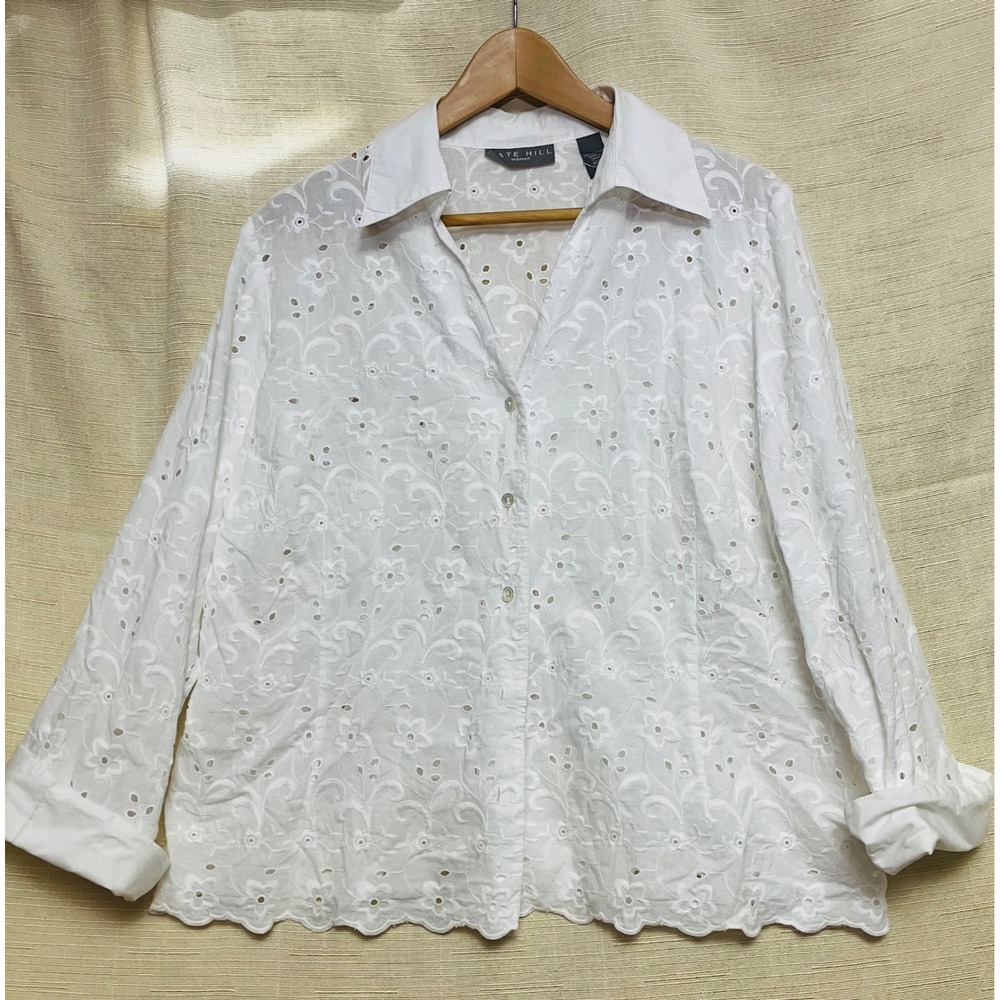 Kate Hill Eyelet Shirt Womens 16W White Excellent Floral Cotton Button Down